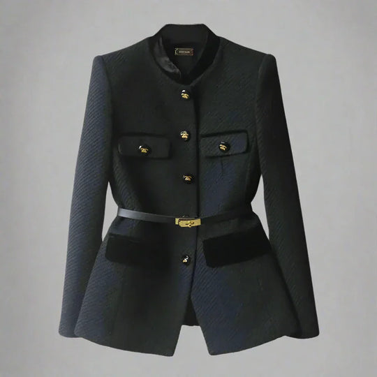 Women's Woolen Jacket with Mid-Length Design and Buttoned Closure
