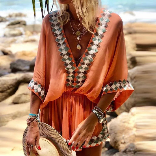 Women's Jumpsuit with Bohemian Print and V-Neck Design