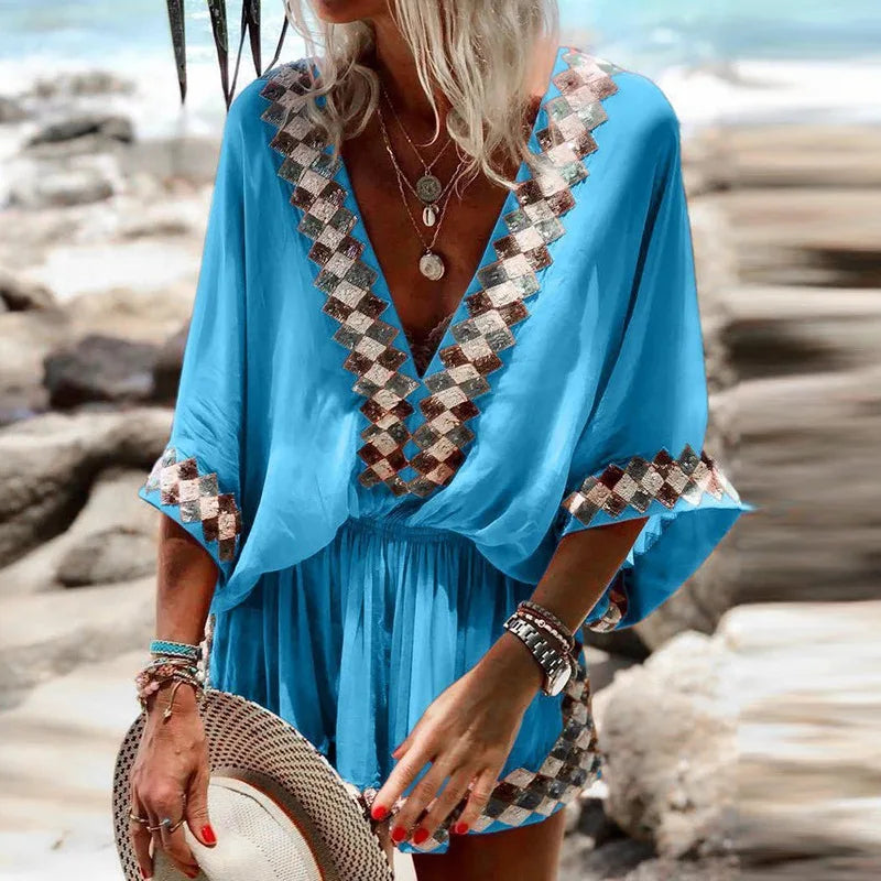 Women's Jumpsuit with Bohemian Print and V-Neck Design