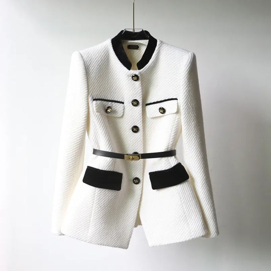 Women's Woolen Jacket with Mid-Length Design and Buttoned Closure