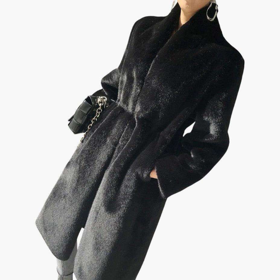 Women’s Full-Length Coat with Concealed Buttons and Faux Fur