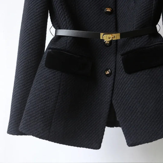 Women's Woolen Jacket with Mid-Length Design and Buttoned Closure
