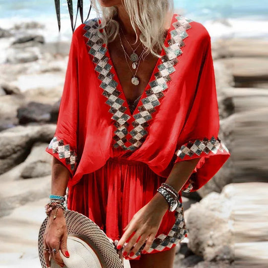 Women's Jumpsuit with Bohemian Print and V-Neck Design