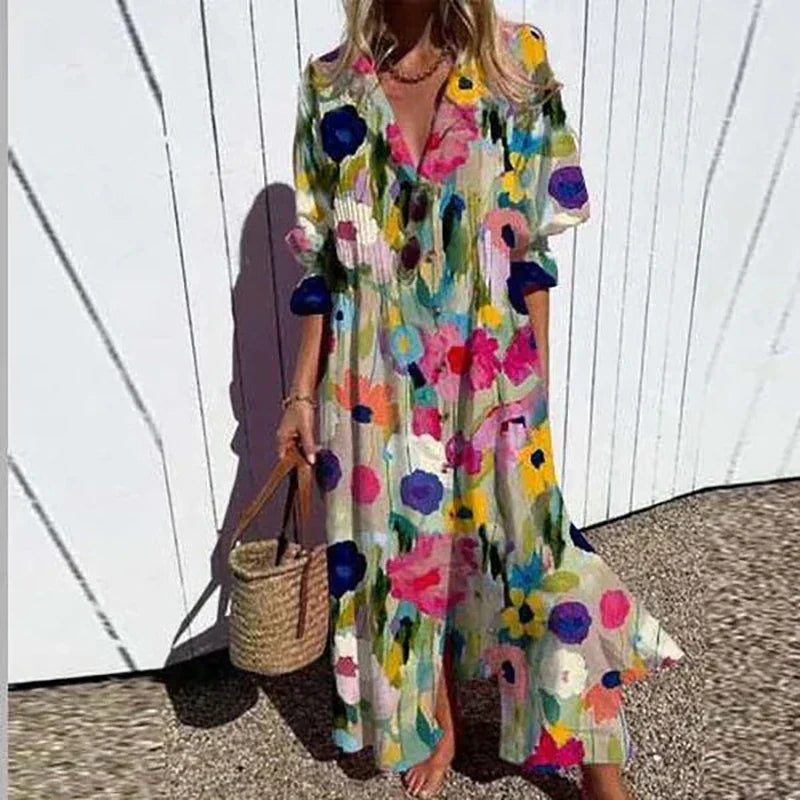 Women's Maxi Dress with Floral Design and Pockets