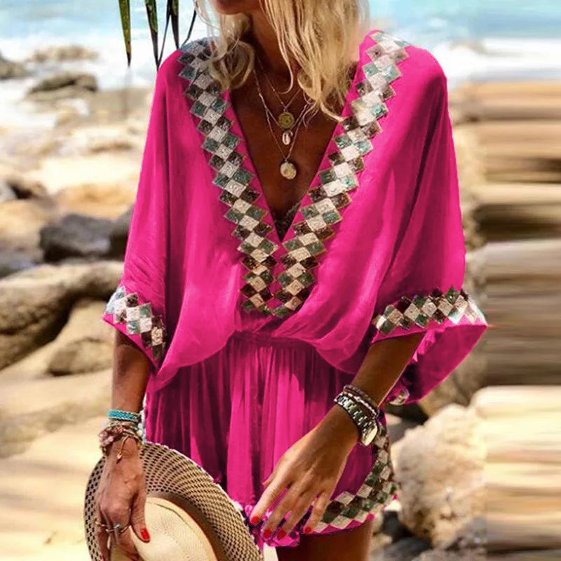 Women's Jumpsuit with Bohemian Print and V-Neck Design