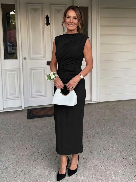 Sabine | Sleeveless Draped High Neck Midi Dress