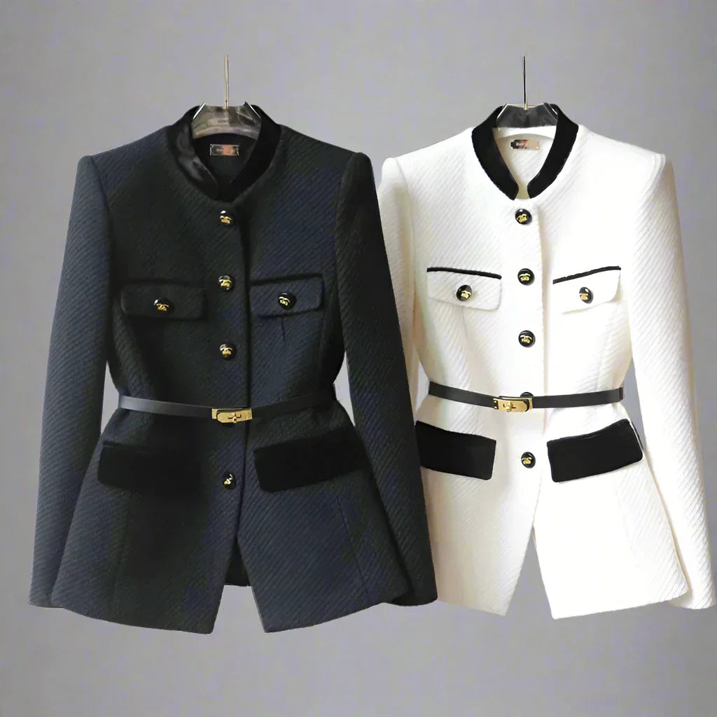 Women's Woolen Jacket with Mid-Length Design and Buttoned Closure