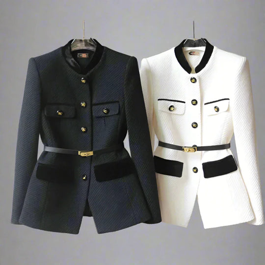Women's Woolen Jacket with Mid-Length Design and Buttoned Closure