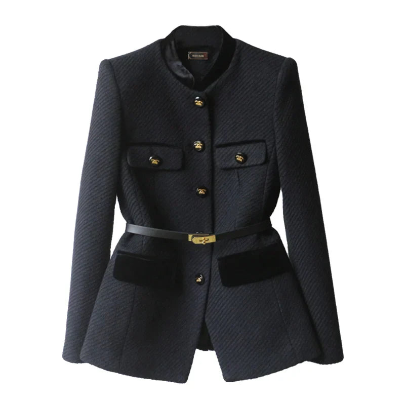 Women's Woolen Jacket with Mid-Length Design and Buttoned Closure