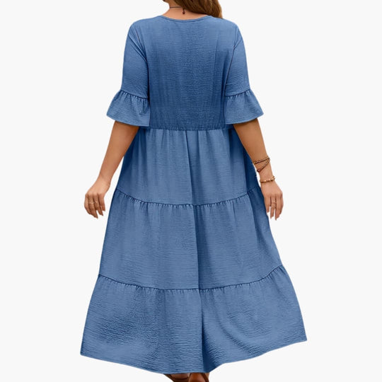 Women's Dress with Flowy Tiered Design and Ruffle Sleeves
