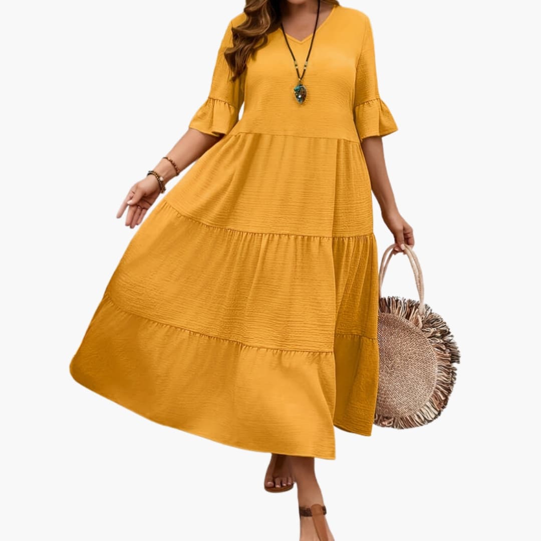 Women's Dress with Flowy Tiered Design and Ruffle Sleeves
