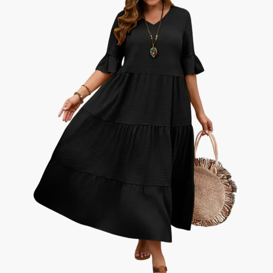 Women's Dress with Flowy Tiered Design and Ruffle Sleeves