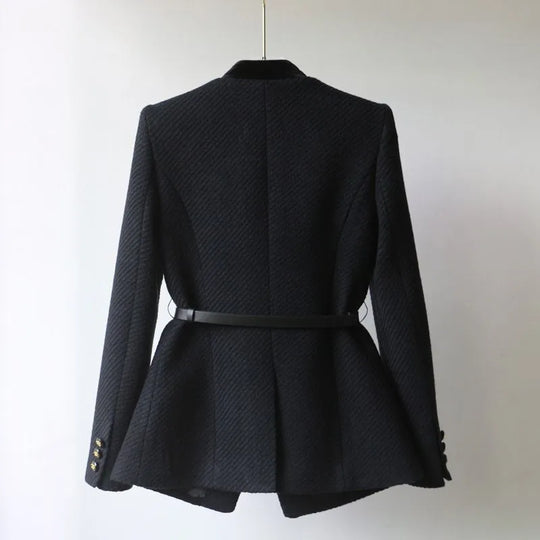 Women's Woolen Jacket with Mid-Length Design and Buttoned Closure