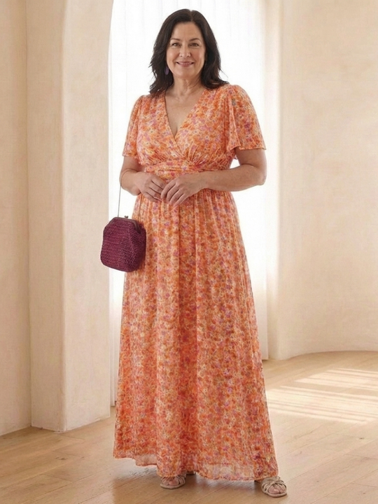 Maris | Floral V Neck Short Sleeve Maxi Dress