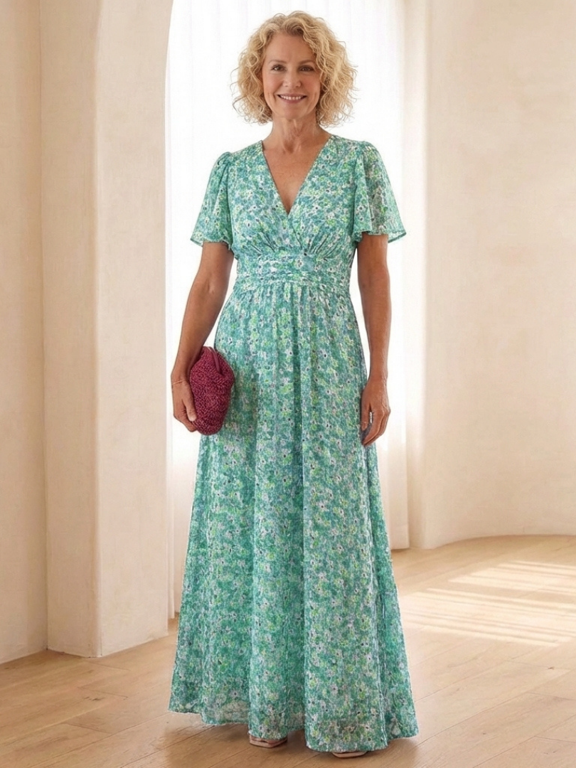 Maris | Floral V Neck Short Sleeve Maxi Dress