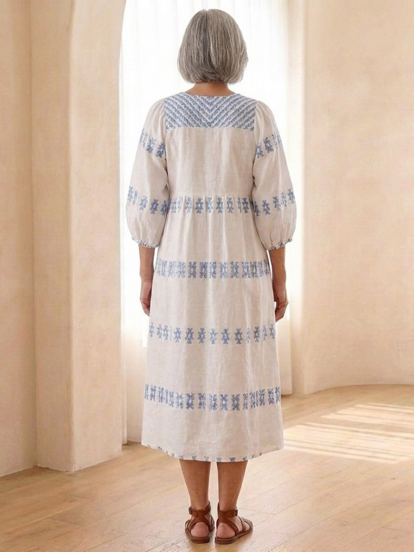 Solene | Embroidered V Neck Long Sleeve Midi Dress