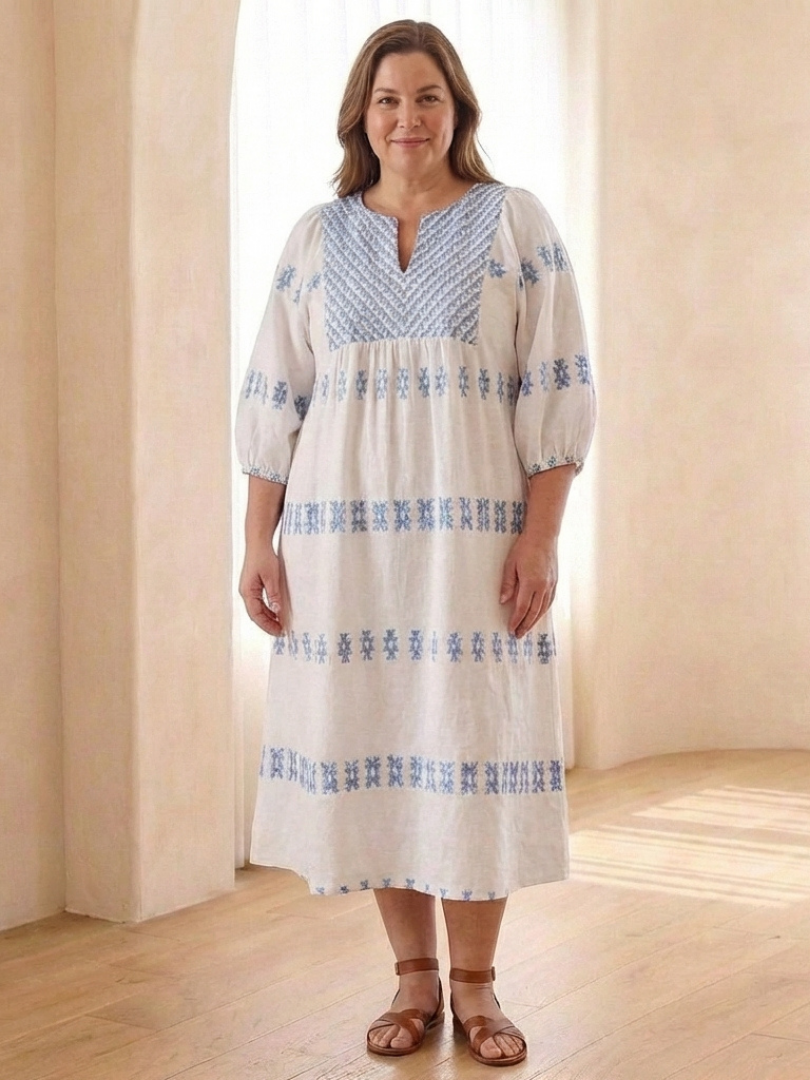 Solene | Embroidered V Neck Long Sleeve Midi Dress