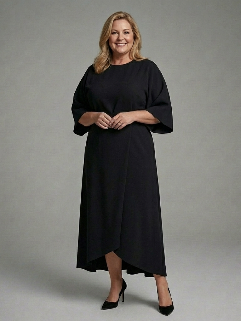 Mermaid | Waist Defined Cape Sleeve Asymmetric Midi Dress