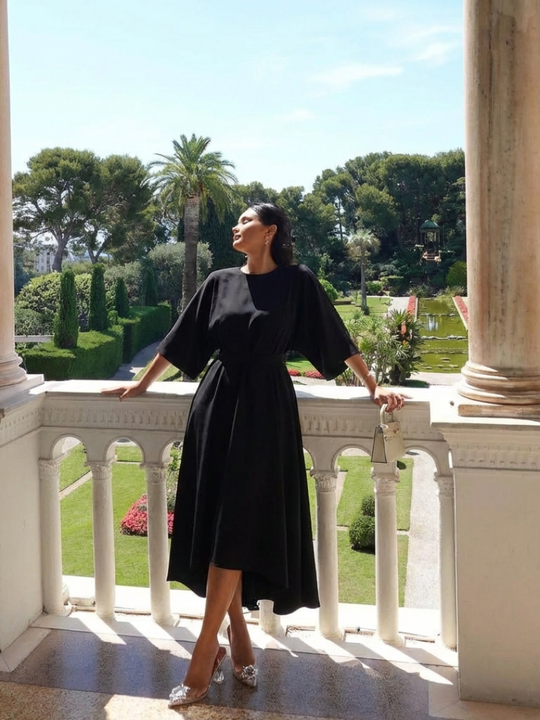 Mermaid | Waist Defined Cape Sleeve Asymmetric Midi Dress