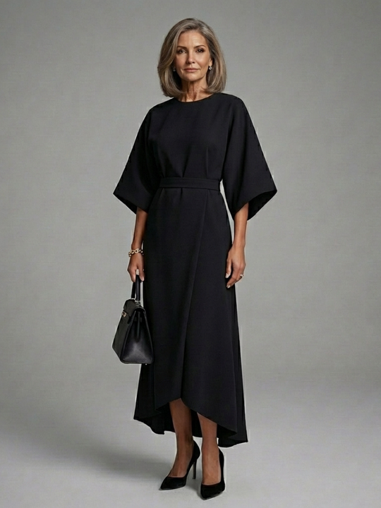 Mermaid | Waist Defined Cape Sleeve Asymmetric Midi Dress