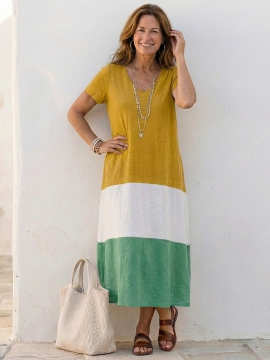 Thalia | Short Sleeve Colour Block V Neck Midi Dress