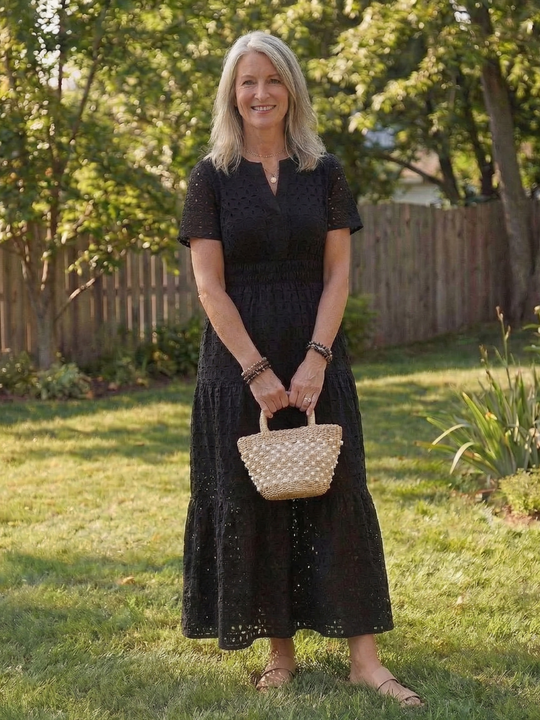Odelisse | Short Sleeve Eyelet Tiered Midi Dress
