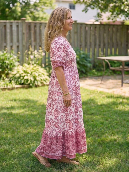 Calandra | Short Sleeve V Neck Floral Midi Dress