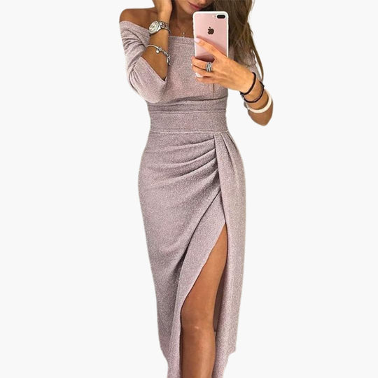 Women's Off-Shoulder Sequin Evening Dress with Side Slit and Long Sleeves