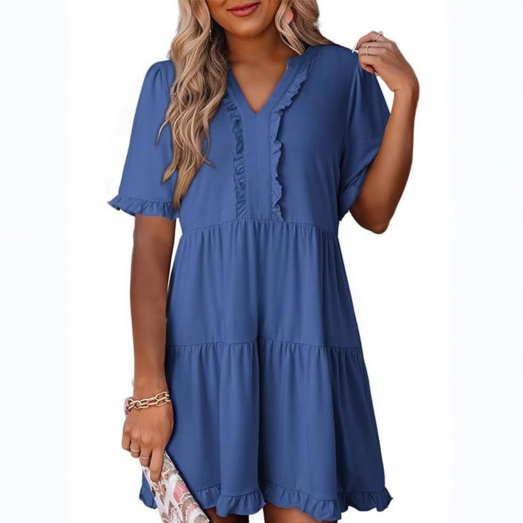Women's Casual V-Neck Mini Dress with Relaxed Fit and Timeless Design