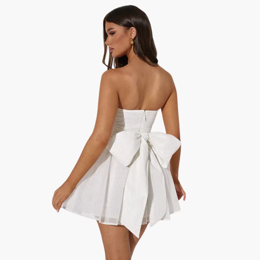 Women’s mini dress with bandeau neckline and flared skirt