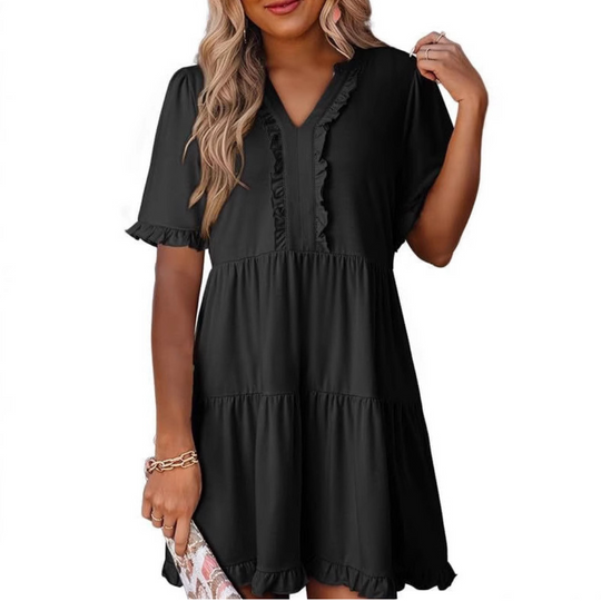 Women's Casual V-Neck Mini Dress with Relaxed Fit and Timeless Design