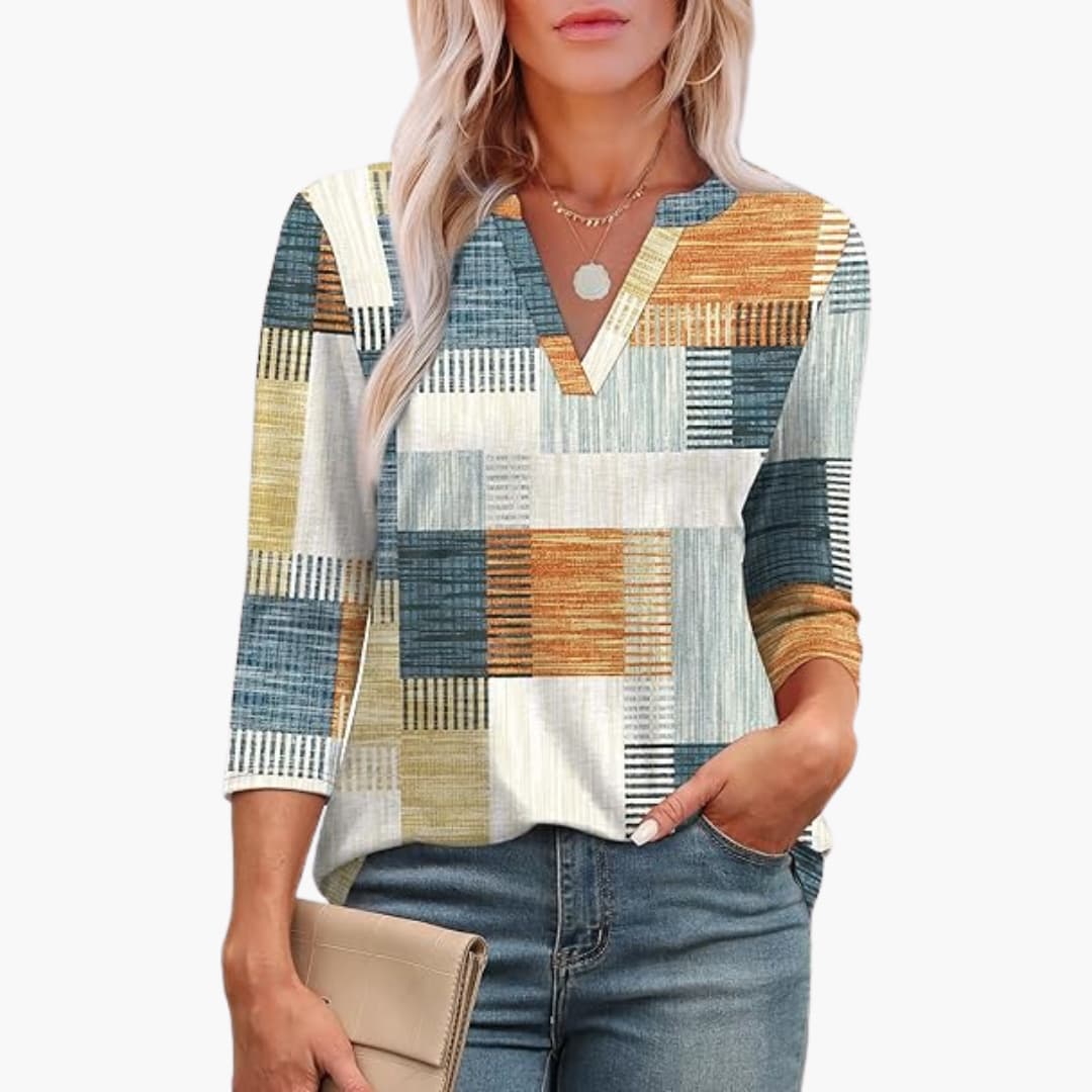 Women's Tunic Top with 3/4-Length Sleeves and Pleated Front