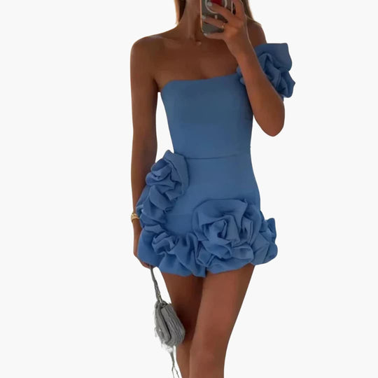 Women’s Satin Dress with One-Shoulder and Ruffle