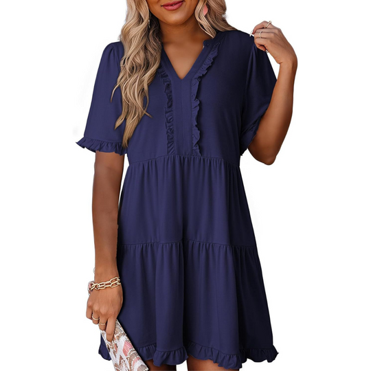 Women's Casual V-Neck Mini Dress with Relaxed Fit and Timeless Design