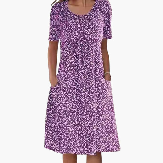 Women's Midi Dress with Round Neck and Side Pockets