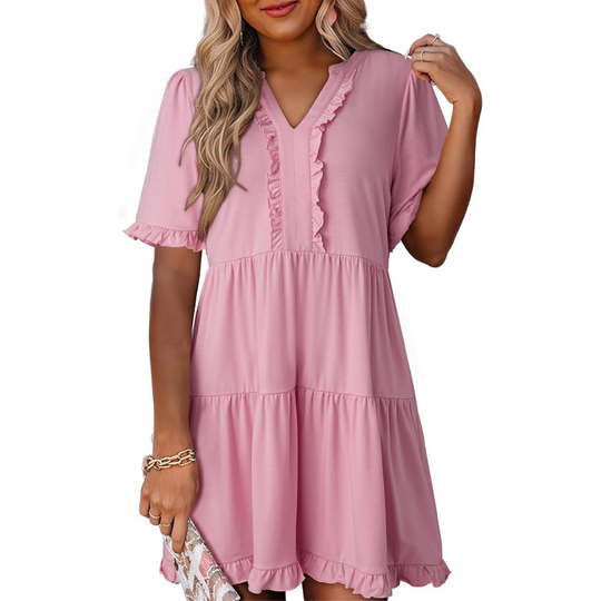 Women's Casual V-Neck Mini Dress with Relaxed Fit and Timeless Design