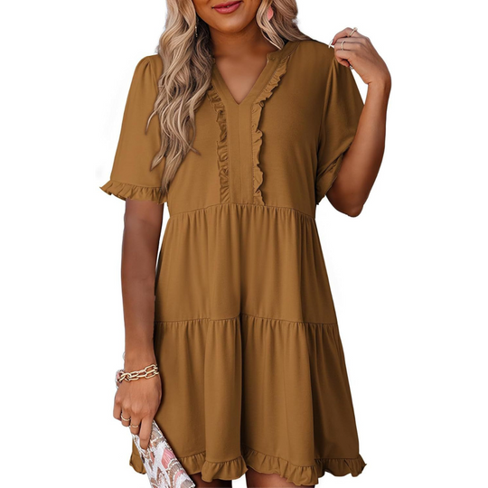 Women's Casual V-Neck Mini Dress with Relaxed Fit and Timeless Design