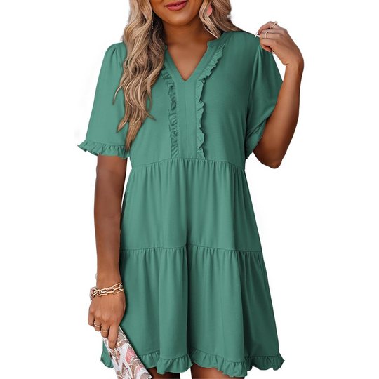 Women's Casual V-Neck Mini Dress with Relaxed Fit and Timeless Design