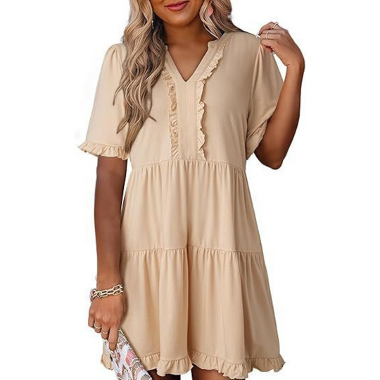 Women's Casual V-Neck Mini Dress with Relaxed Fit and Timeless Design