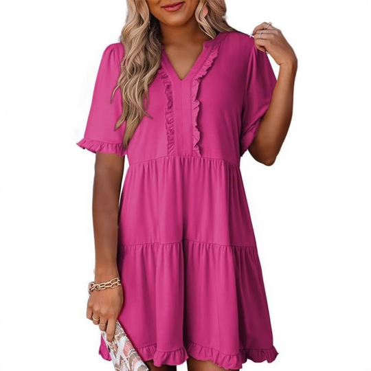Women's Casual V-Neck Mini Dress with Relaxed Fit and Timeless Design