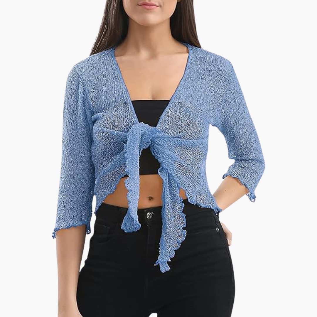 Women's Tie-Up Bolero Top with Sheer Fishnet Knit and Three-Quarter Sleeves