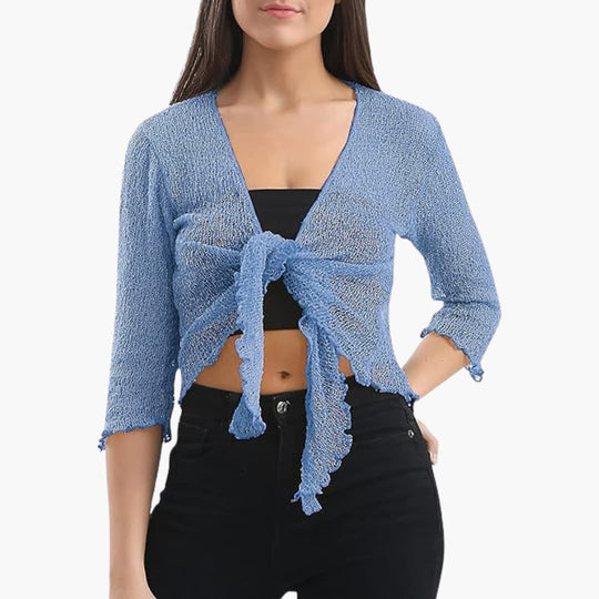 Women's Tie-Up Bolero Top with Sheer Fishnet Knit and Three-Quarter Sleeves