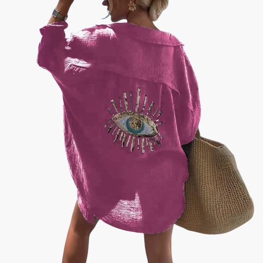 Women’s Oversized Beach Shirt with Collar and Embroidery