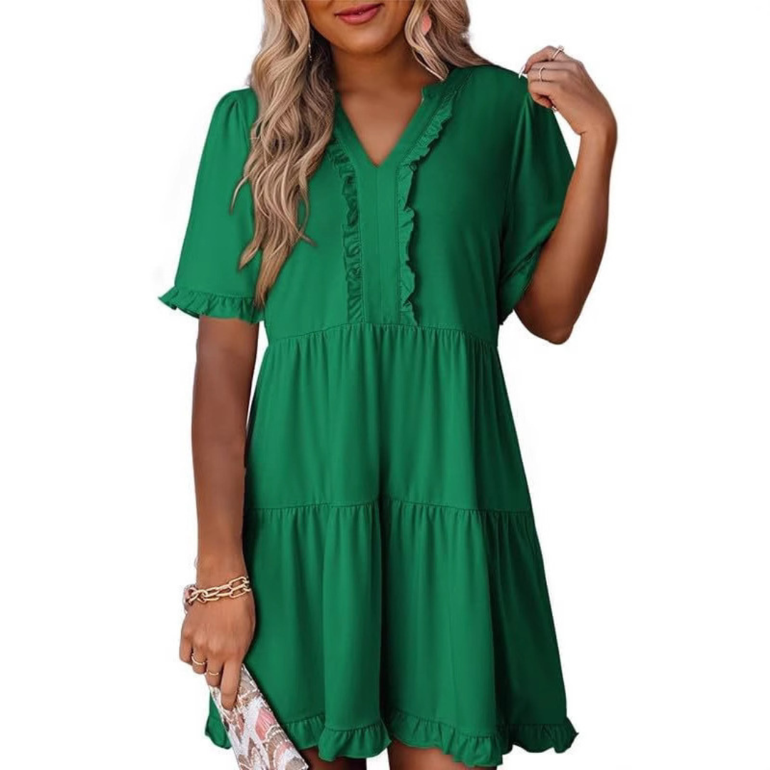 Women's Casual V-Neck Mini Dress with Relaxed Fit and Timeless Design
