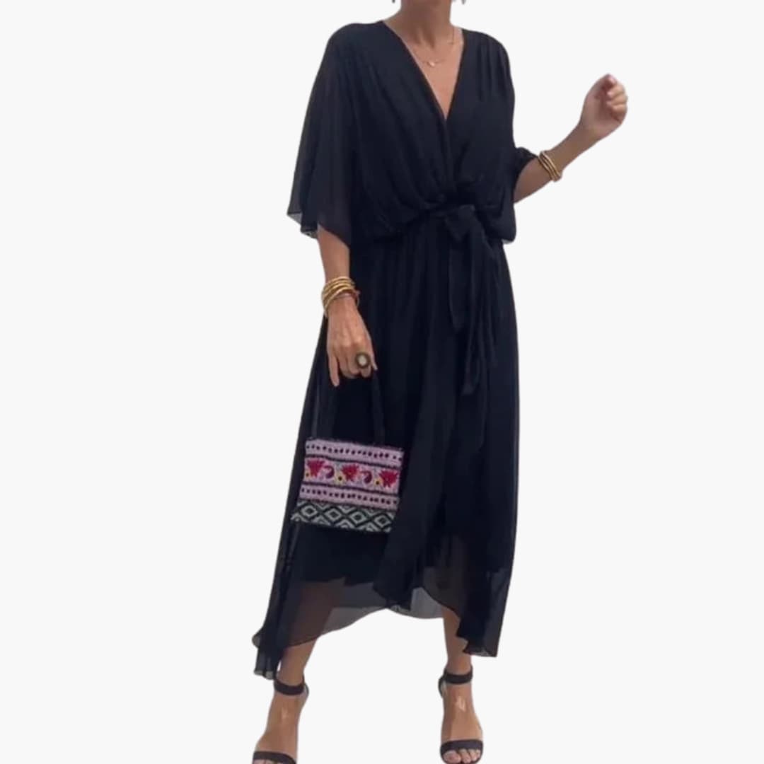 Women’s Midi Dress with Wrap Bodice and Waist Tie