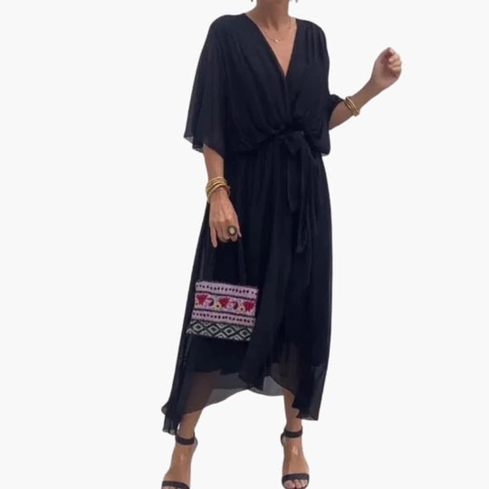 Women’s Midi Dress with Wrap Bodice and Waist Tie