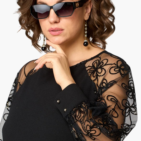 Women's Midi Dress with Lace Sleeves and Round Neckline