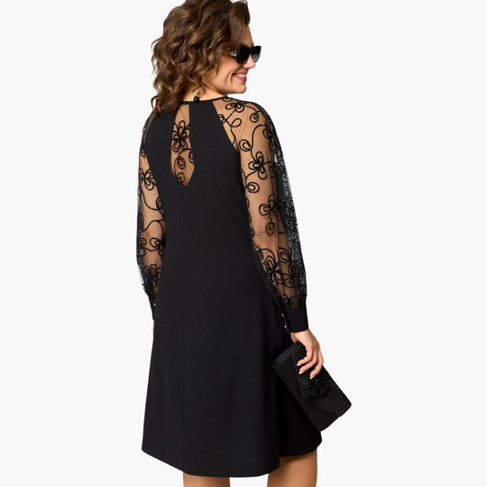 Women's Midi Dress with Lace Sleeves and Round Neckline