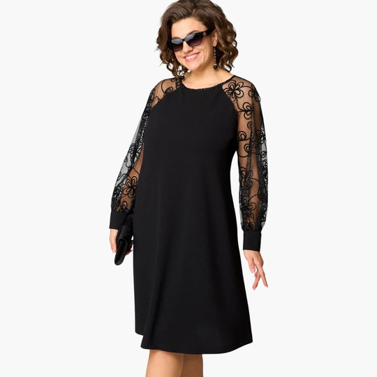 Women's Midi Dress with Lace Sleeves and Round Neckline