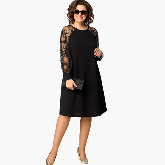 Women's Midi Dress with Lace Sleeves and Round Neckline